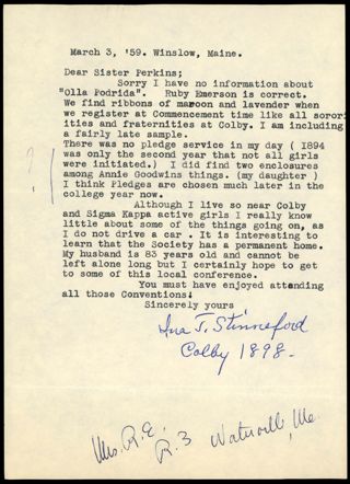 Ina T. Stinneford to Lillian M. Perkins Letter, March 3, 1959