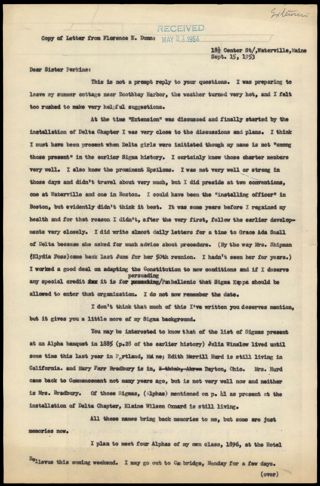 Florence E. Dunn to Lillian M. Perkins Letter 1, September 15, 1953