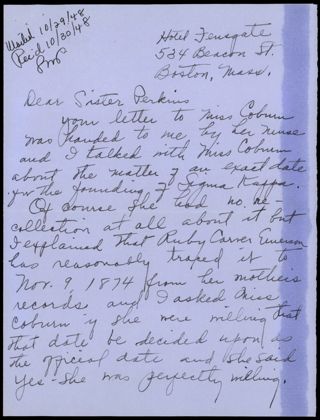 Ervena G. Smith to Lillian M. Perkins Letter, October 29, 1948