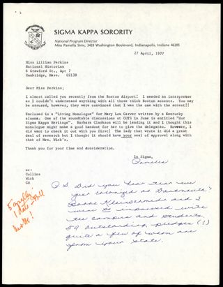 Pamella Sims to Lillian M. Perkins Letter, April 27, 1977