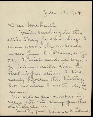 Minerva E. Leland to Grace M. Smith Letter, January 12, 1924