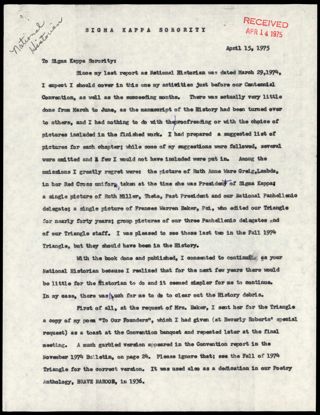 Lillian M. Perkins to Sigma Kappa Sorority Letter, April 15, 1975