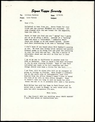 Lois J. Vernon to Lillian M. Perkins Letter, June 30, 1981