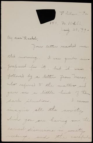 Olive L. Robbins to Rachel J. Foster Letter, January 30, 1899