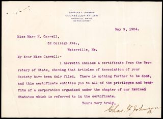 Charles F. Johnson to Mary H. Caswell Letter, May 9, 1904