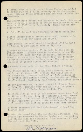 Formal Alpha Chapter Meeting Minutes, February 15, 1962