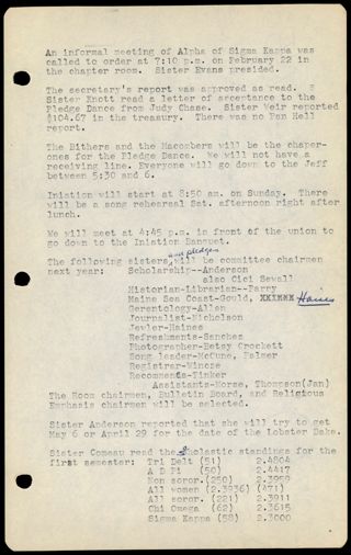 Informal Alpha Chapter Meeting Minutes, February 22, 1962