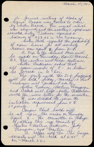 Formal Alpha Chapter Meeting Minutes, March 15, 1962