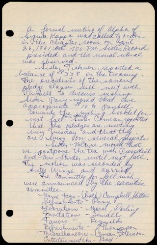 Formal Alpha Chapter Meeting Minutes, April 26, 1961