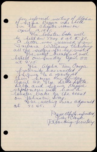 Informal Alpha Chapter Meeting Minutes, April 19, 1961