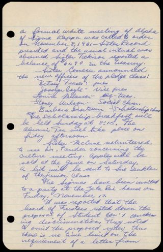 Formal White Alpha Chapter Meeting Minutes, November 8, 1961