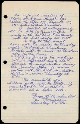 Informal Alpha Chapter Meeting Minutes, November 29, 1961