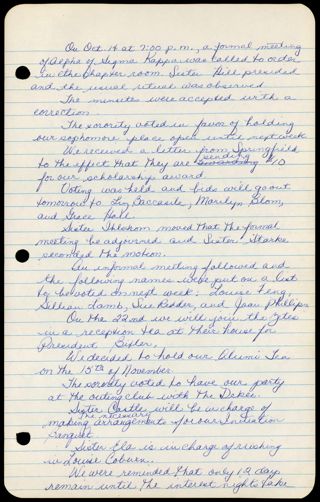 Formal Alpha Chapter Meeting Minutes, October 14, 1960