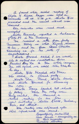 Formal Alpha Chapter Meeting Minutes, November 12, 1960