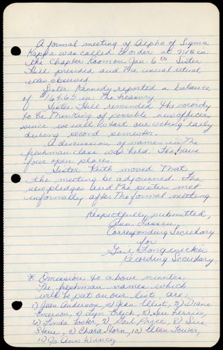 Formal Alpha Chapter Meeting Minutes, January 6, 1961