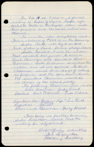 Formal Alpha Chapter Meeting Minutes, February 17, 1961