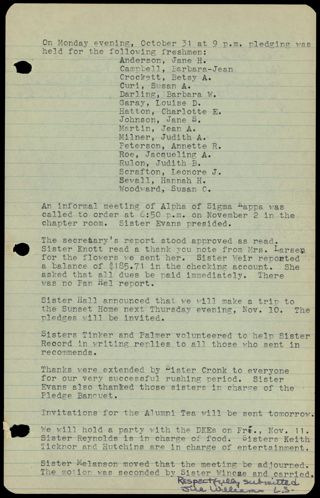 Informal Alpha Chapter Meeting Minutes, November 2, 1961