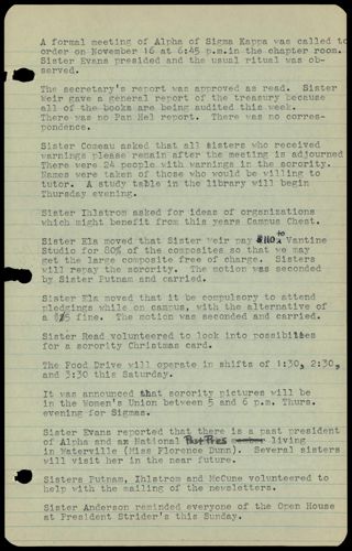 Formal Alpha Chapter Meeting Minutes, November 16, 1961