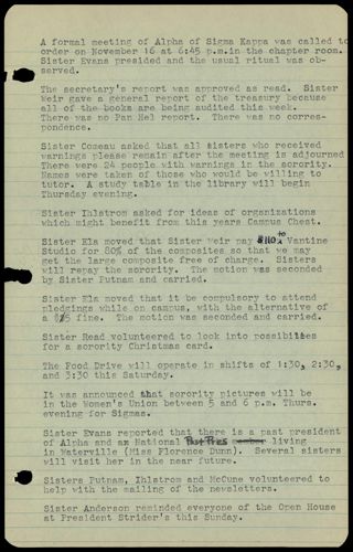 Formal Alpha Chapter Meeting Minutes, November 16, 1961