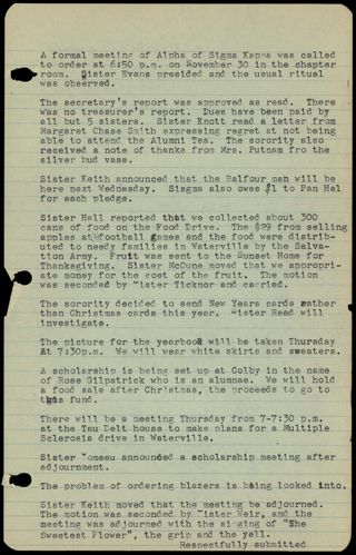 Formal Alpha Chapter Meeting Minutes, November 30, 1961