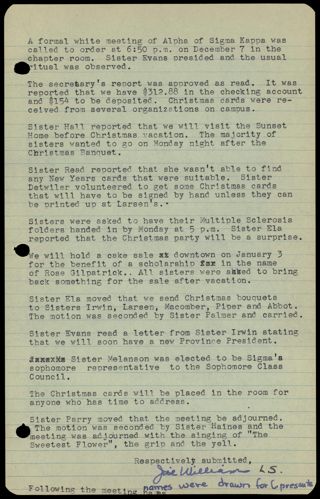 Formal White Alpha Chapter Meeting Minutes, December 7, 1961