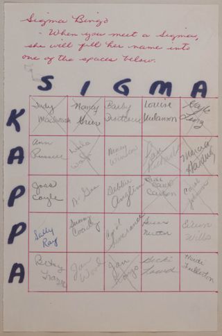 Sigma Kappa Bingo Card, c. September 29, 1964