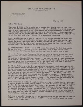 Alice Hersey Wick to Fellow PNPs Letter, July 16, 1974