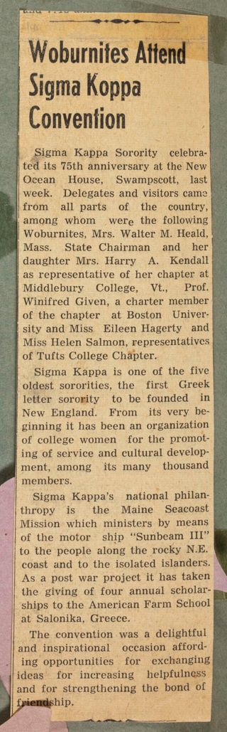 Woburnites Attend Sigma Kappa Convention Newspaper Clipping, c. 1950