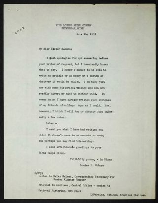 Louise Coburn to Helen Salmon Letter, November 14, 1935