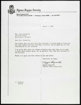 Maggie Hayworth to Mrs. Glen Sunderlin Letter, March 1, 1990