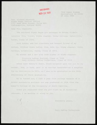 Mary Culbertson to Mrs. Richard Hayworth Letter, July 18, 1988