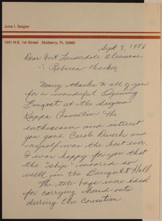 June Seigler to Rebecca Thacker and Fort Lauderdale Alumnae Chapter Thank You Letter, September 8, 1986