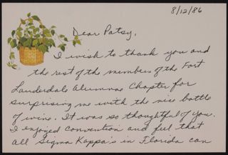 Linda Berkshire to Patsy Thank You Card, August 12, 1986