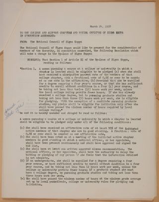 The National Council of Sigma Kappa to the College and Alumnae Chapters and Voting Officers Letter, March 24, 1958