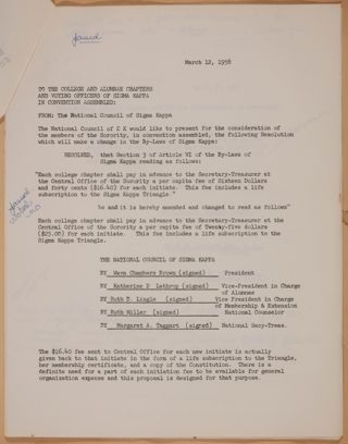 The National Council of Sigma Kappa to the College and Alumnae Chapters and Voting Officers Letter, March 12, 1958