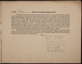 Petition to Sigma Kappa Sorority from the Delta Psi Society of The University of Kansas, Page 1