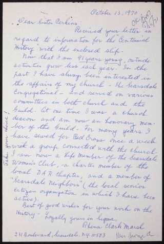 Rhena Marsh to Lillian Perkins Letter, October 13, 1970