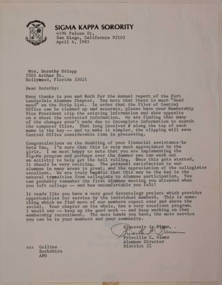 Priscilla Simms to Dorothy Orlopp Letter, April 4, 1981