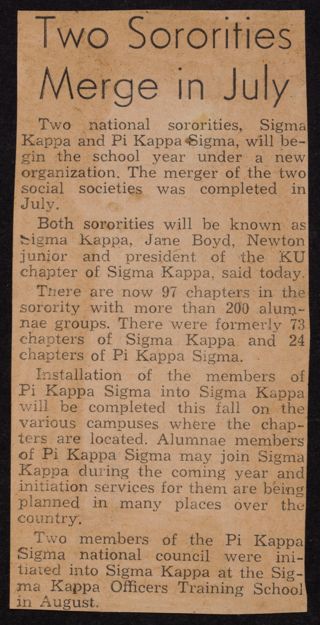 Two Sororities Merge in July Newspaper Clipping, 1959