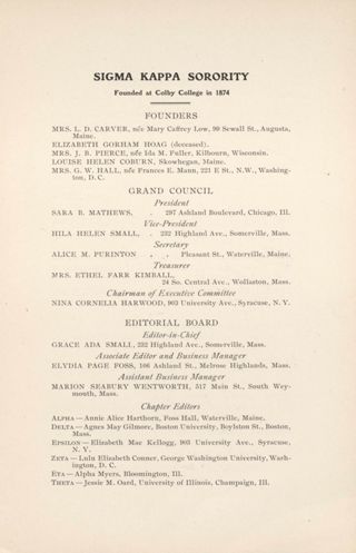 Sigma Kappa Sorority Directory, December 1907