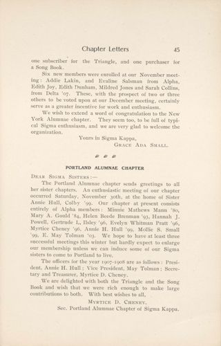 Chapter Letters: Portland Alumnae Chapter, December 1907