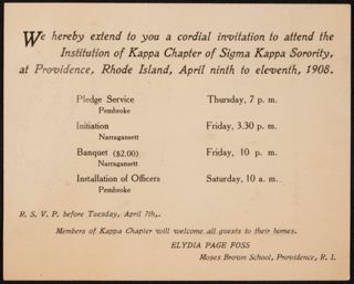 Kappa Chapter Institution Invitation, April 9, 1908