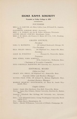 Sigma Kappa Sorority Directory, March 1908