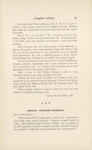 Chapter Letters: Epsilon - Syracuse University, October 1908