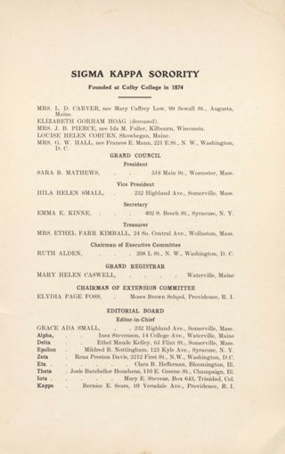 Sigma Kappa Sorority Directory, October 1908