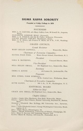 Sigma Kappa Sorority Directory, June 1908