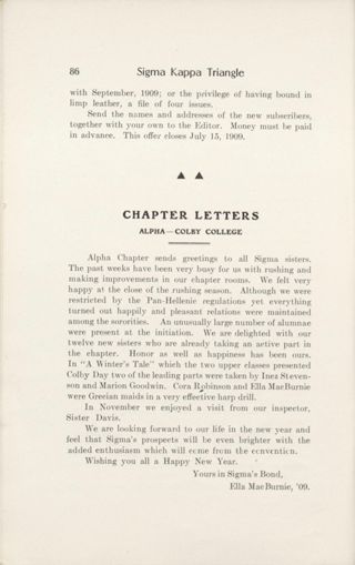 Chapter Letters: Alpha - Colby College, January 1909