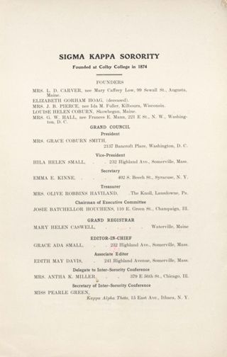 Sigma Kappa Sorority Directory, January 1909