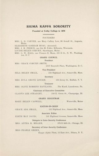 Sigma Kappa Sorority Directory, July 1909