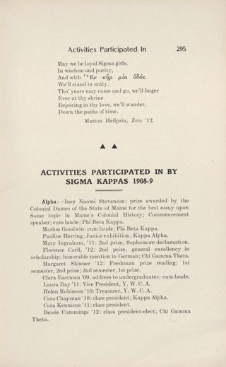 Activities Participated in by Sigma Kappas 1908-9